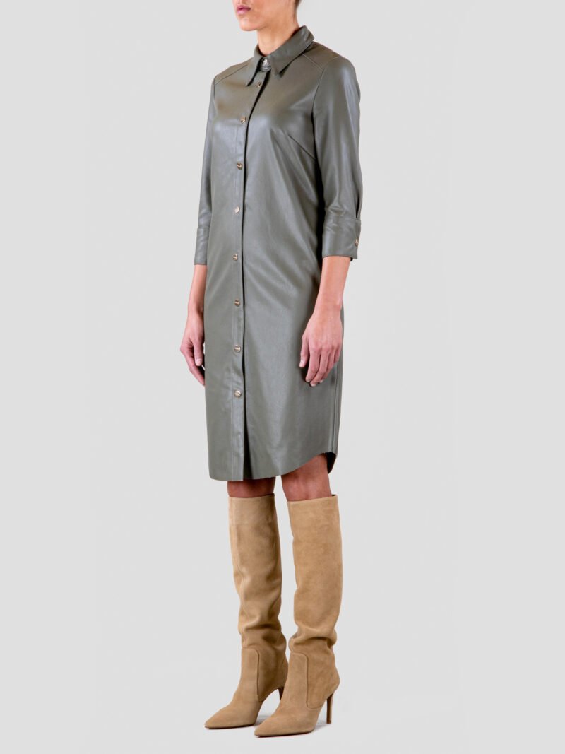model wearing long buttoned dress