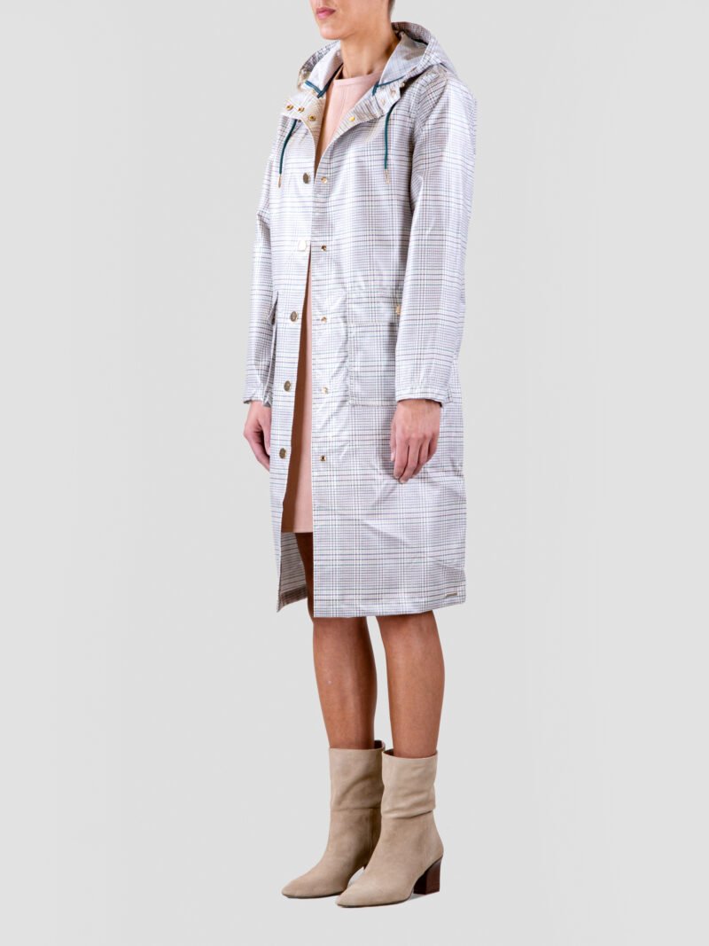 model wearing long checked raincoat